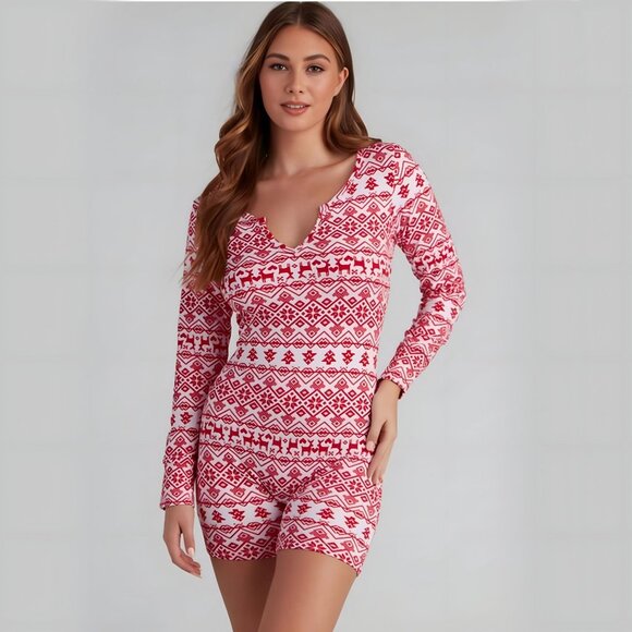 Fair Isle ✦ Red & White Pajama Romper Set ✦ Long Sleeve Henley & Knee‑High Socks - Picture 4 of 7